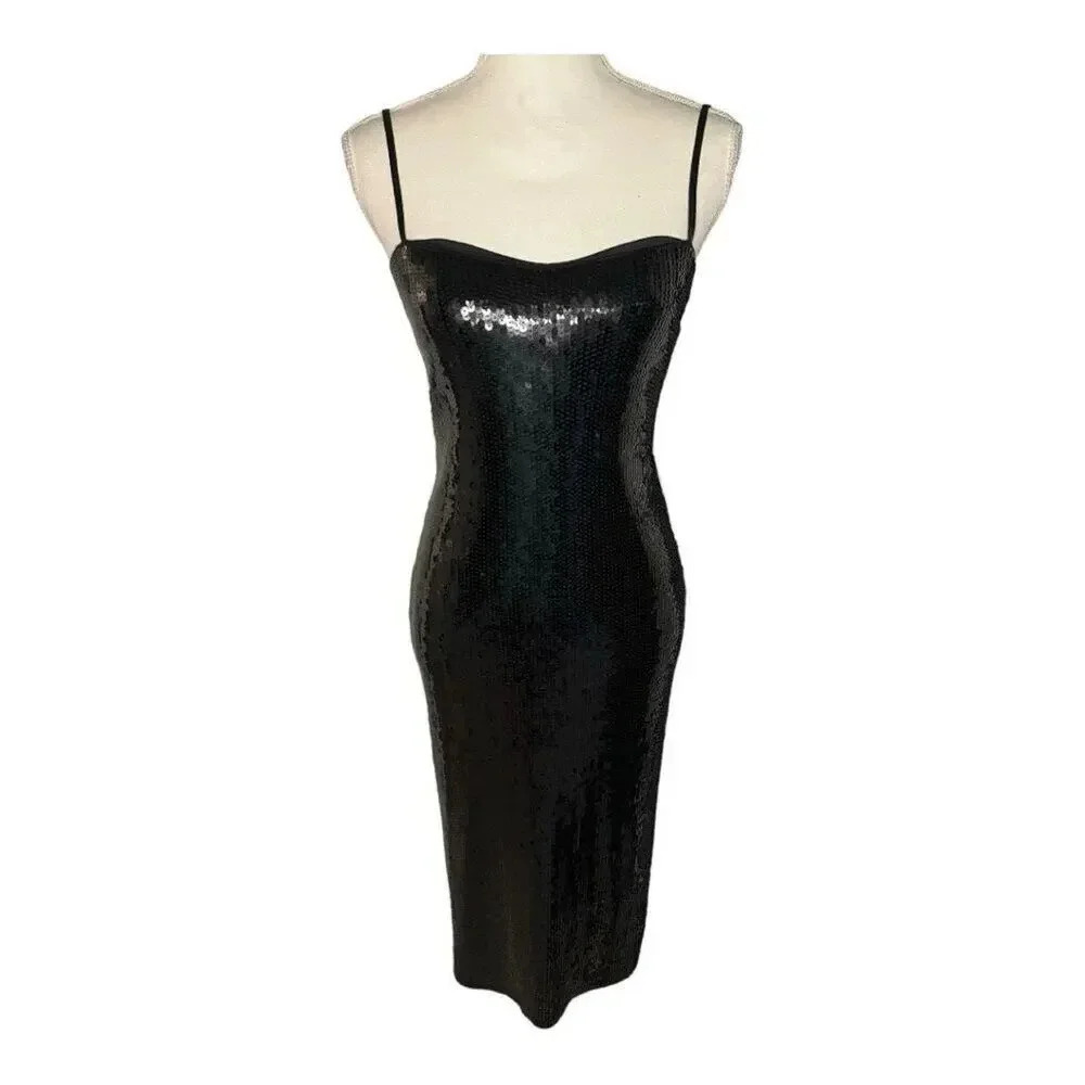 NEW Express Women’s XS‎ Black Sequin Sweetheart Neckline Midi Sheath Dress NWT